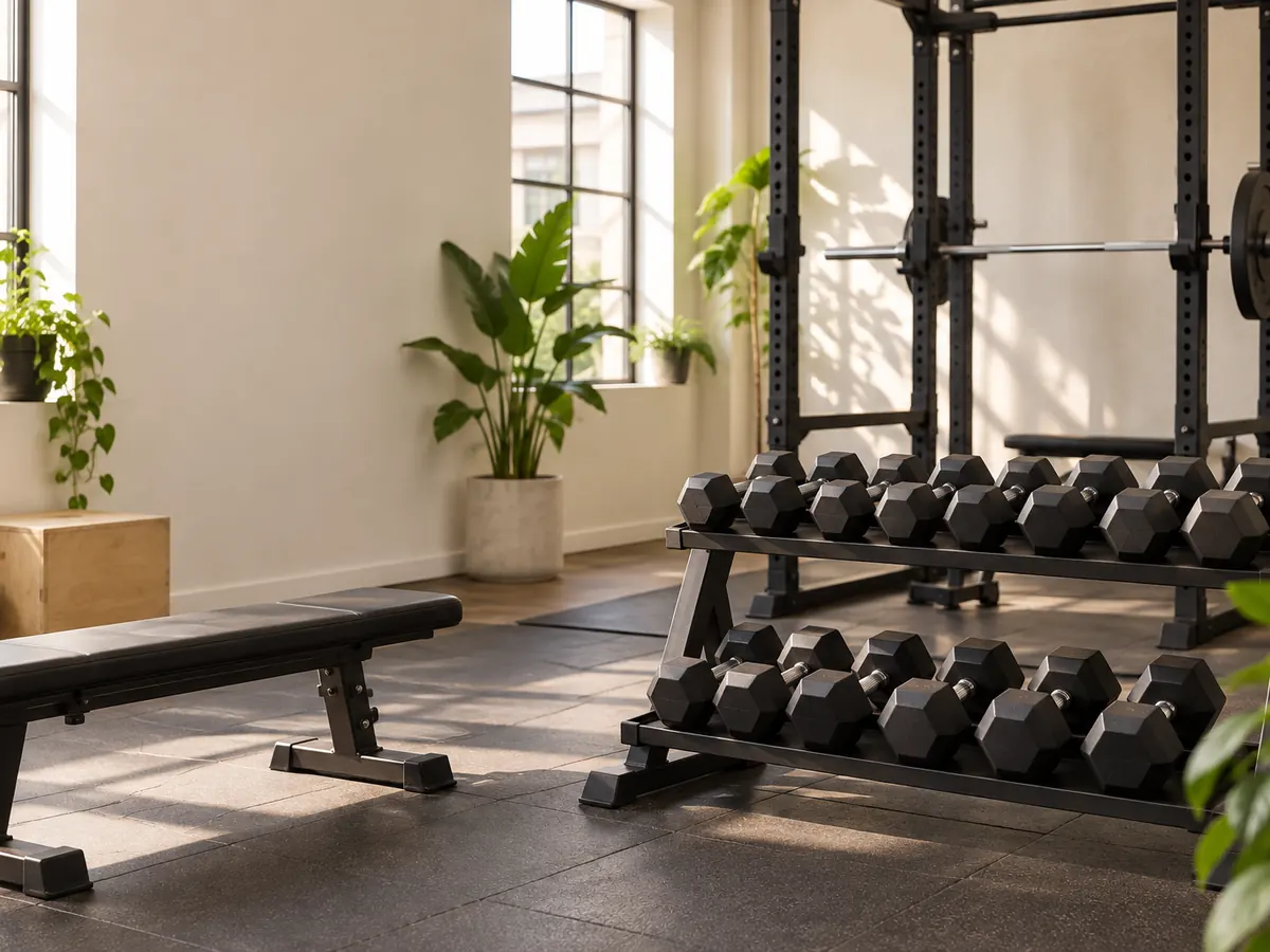 A bright strength training space with dumbbells and a squat rack.
