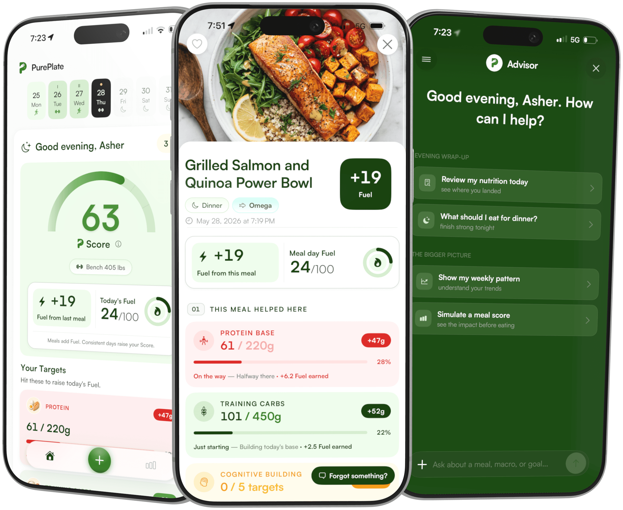 PurePlate app screens showing daily score, meal scan results, and the advisor