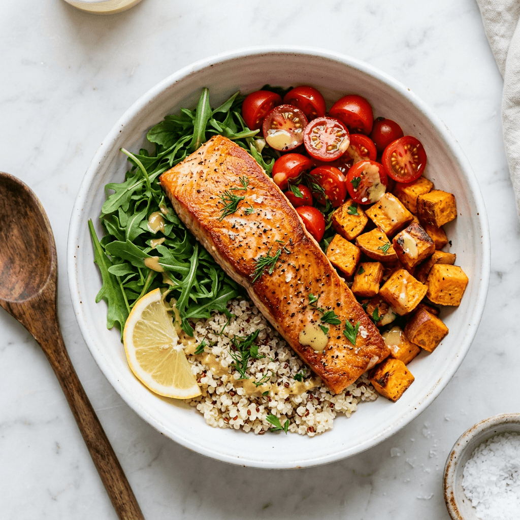 Grilled salmon and quinoa power bowl