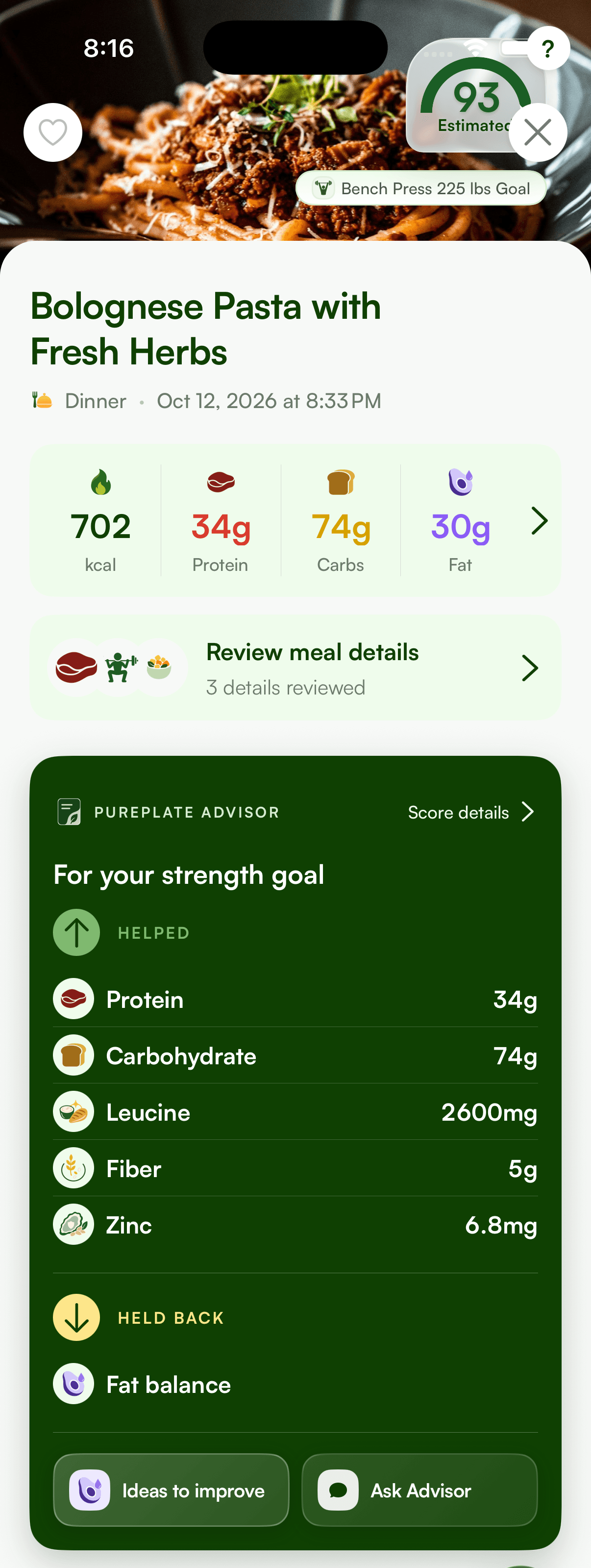 PurePlate meal details: Bolognese Pasta with Fresh Herbs, Meal Score 93 for a bench press goal, macros, key nutrients, and what helped or held it back.