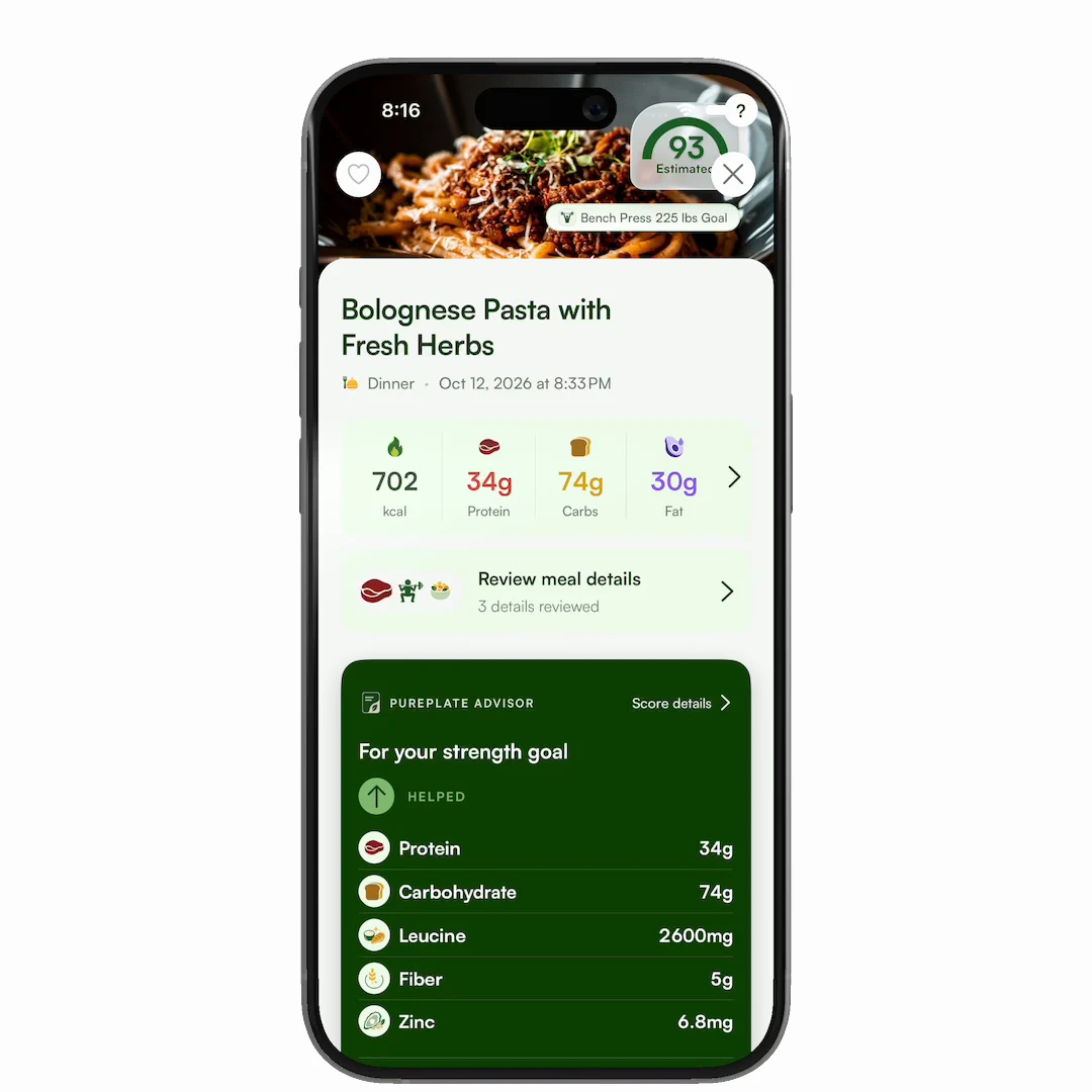 Real PurePlate meal-details screen in an iPhone mockup: Bolognese Pasta, Meal Score 93 for a bench press goal, macros and Advisor reasons.